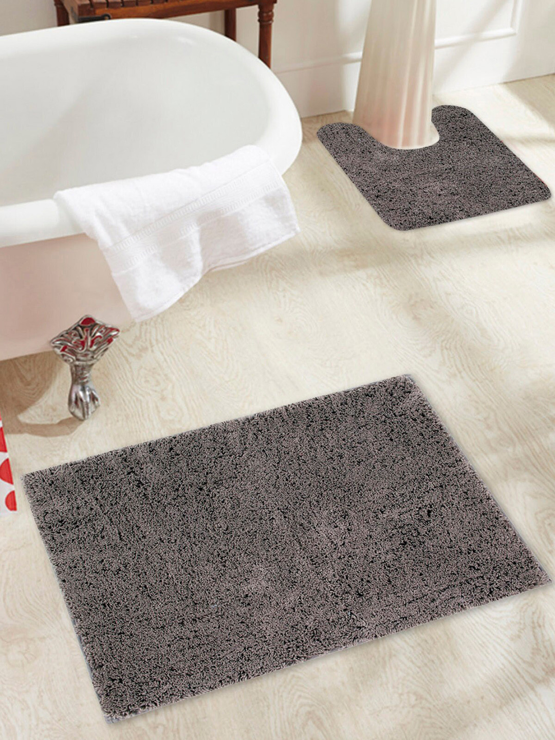 OBSESSIONS Grey Solid Anti-Skid Bath Rug With Contour Rug