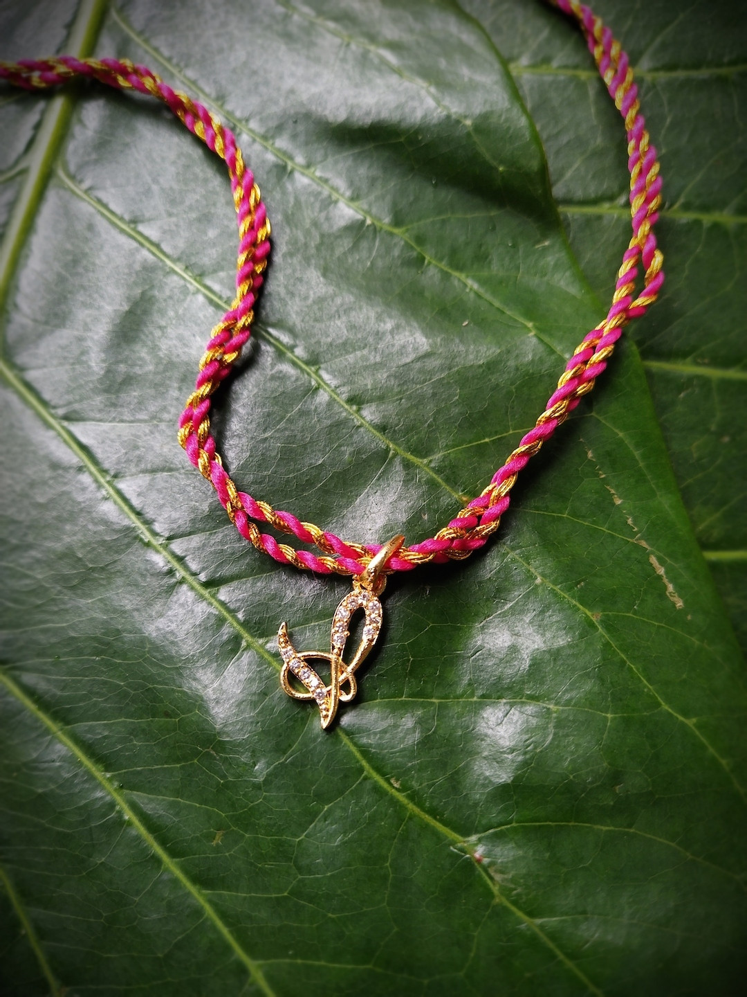 Digital Dress Room Men Gold-Plated Pink AD-Studded Alphabet V Rakhi