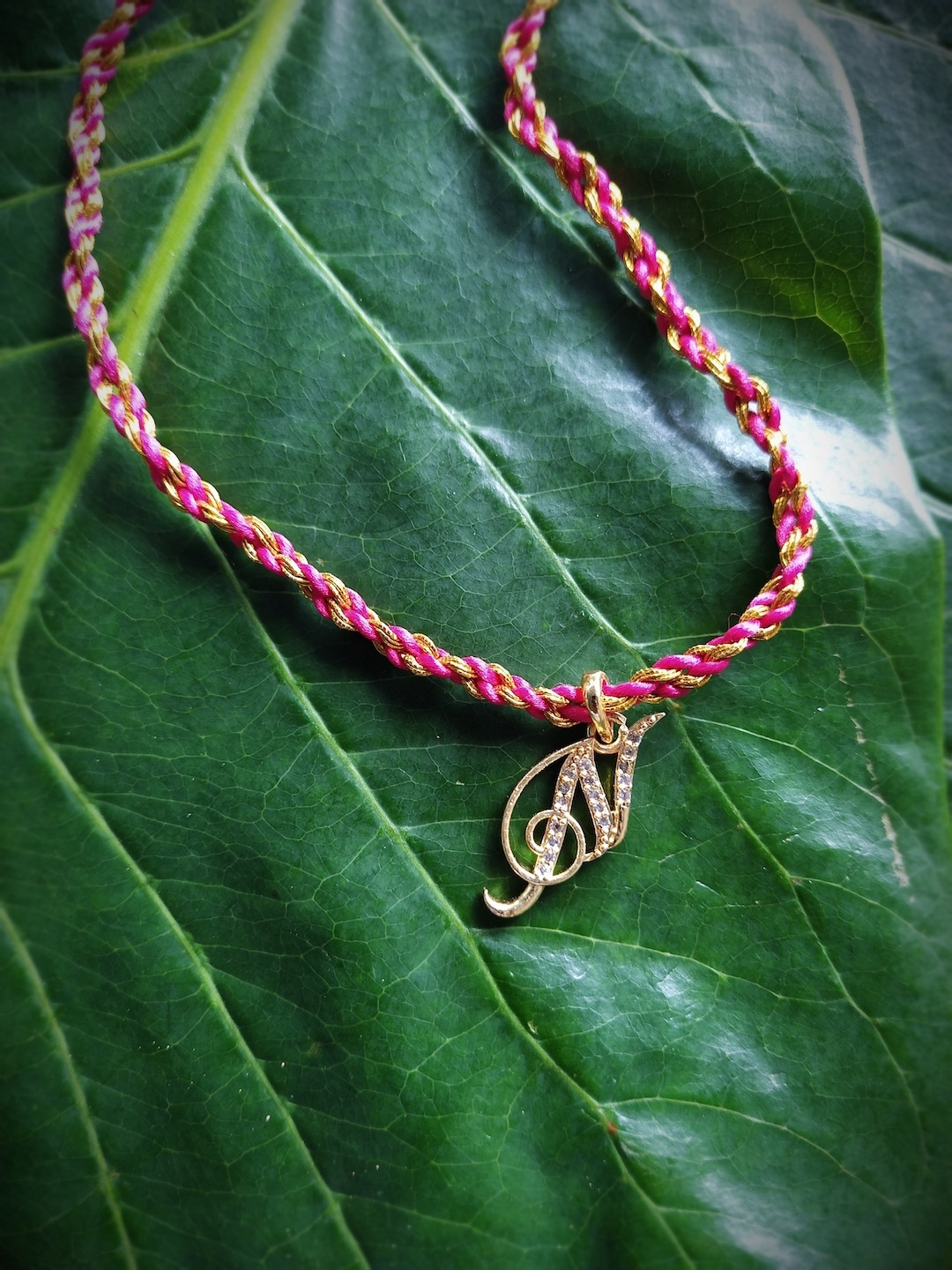 Digital Dress Room Pink Gold-Plated AD-Studded Alphabet N Charm Rakhi