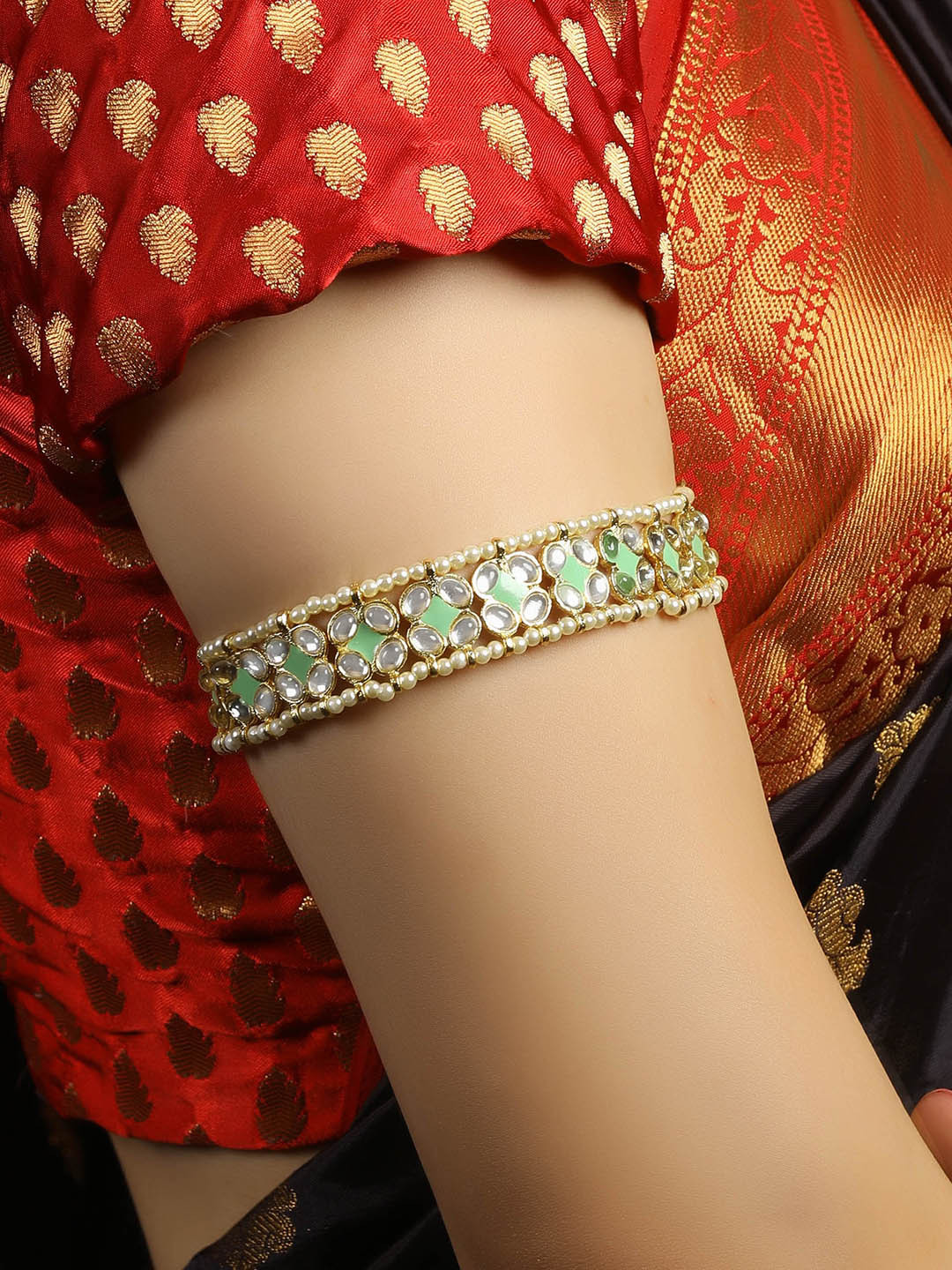 KARATCART Women Lime Green & Gold-Toned Kundan Handcrafted Gold-Plated Armlet Bracelet