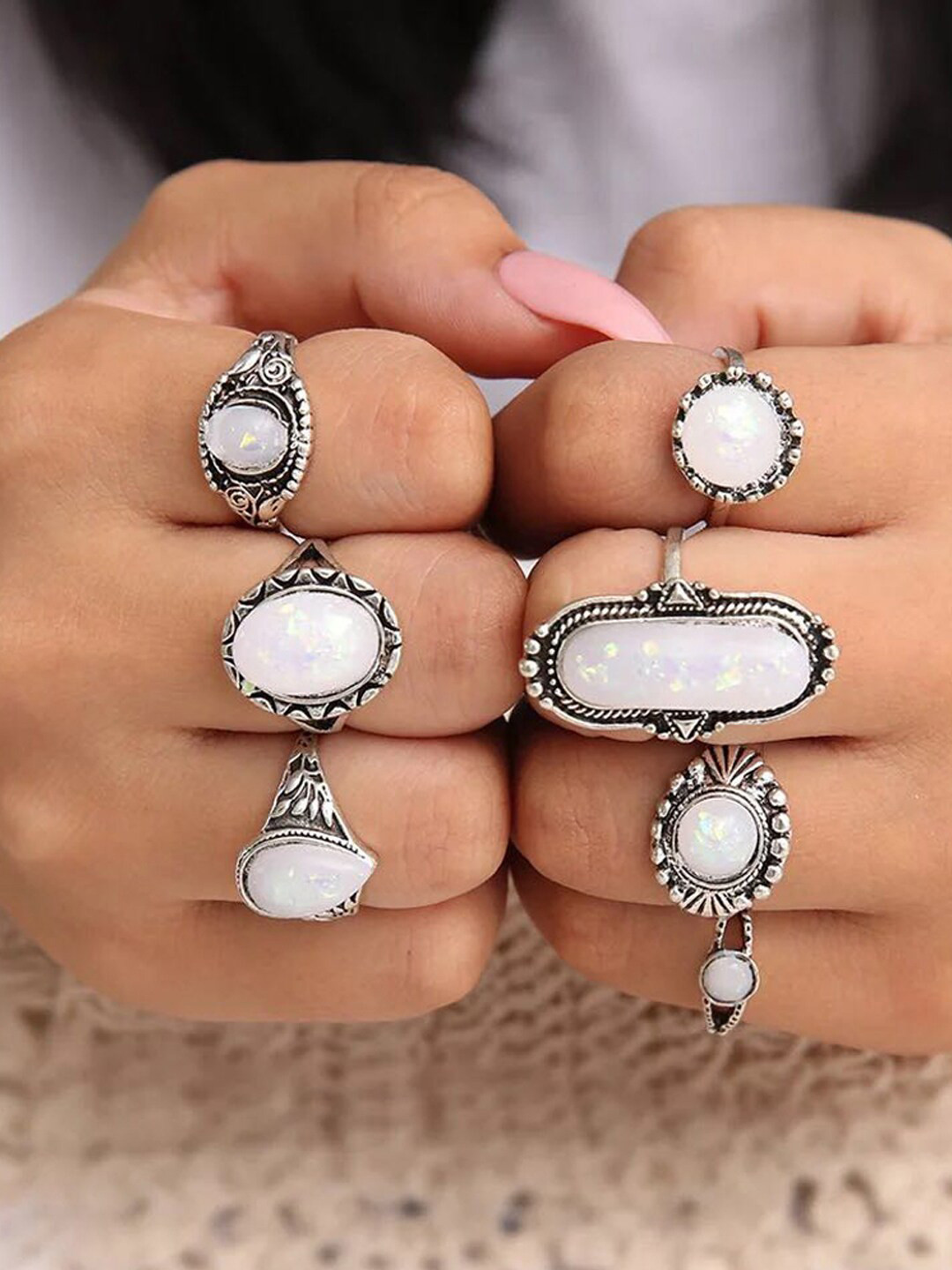 Shining Diva Fashion Set Of 7 Oxidized Silver-Plated White Pearl-Studded Opal Boho Midi Finger Ring