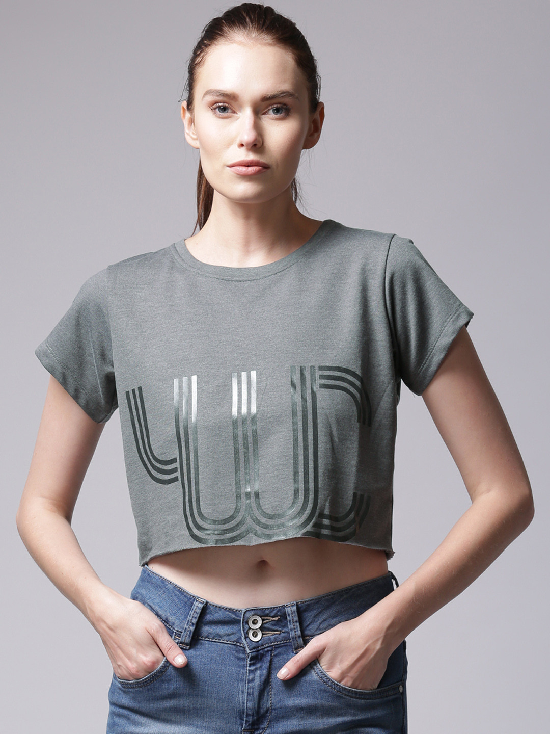 YWC Women Charcoal Printed Crop Top