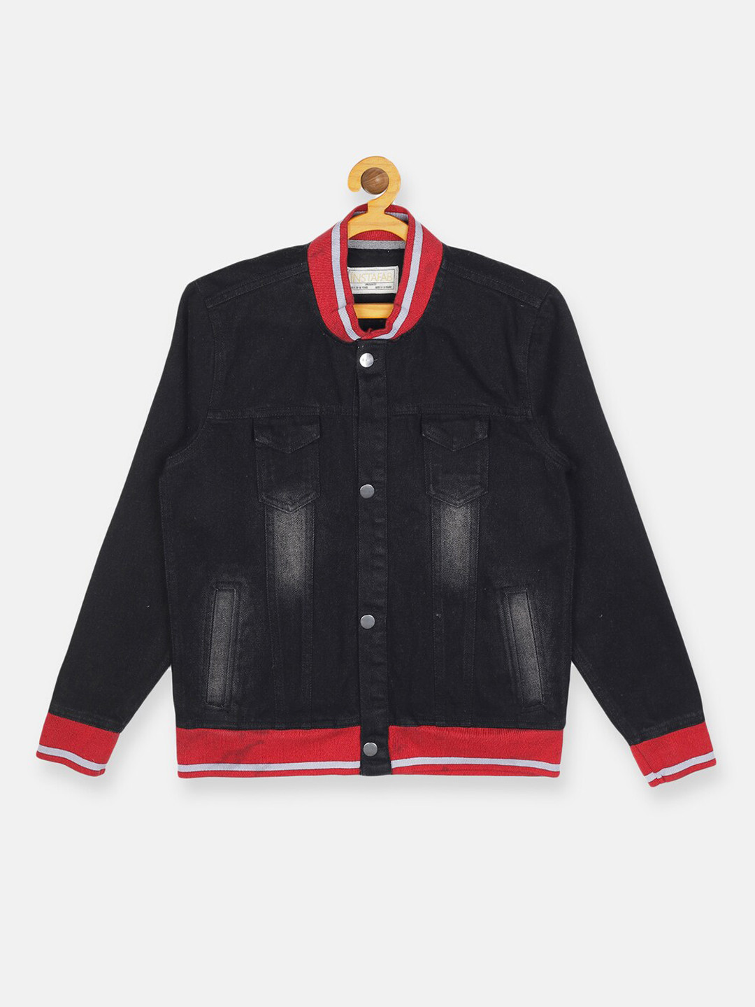 Instafab Boys Black & Red Washed Denim Varsity Jacket
