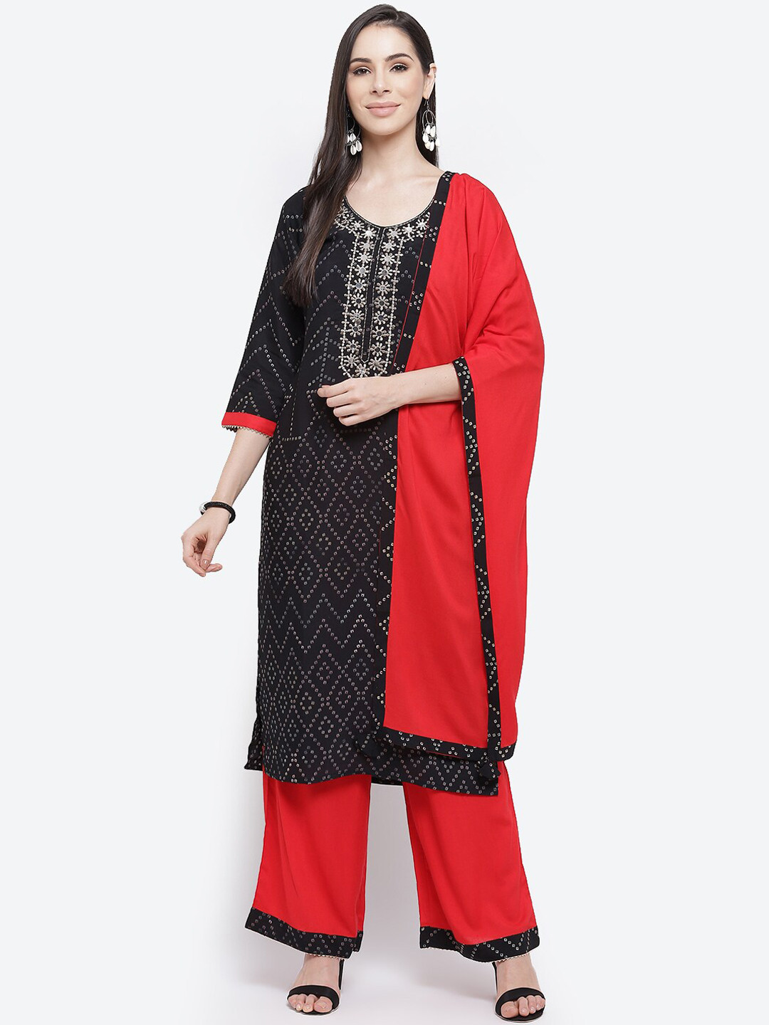 Kurti's by Menka Women Black Embroidered High Slit Kurta with Palazzo and Dupatta