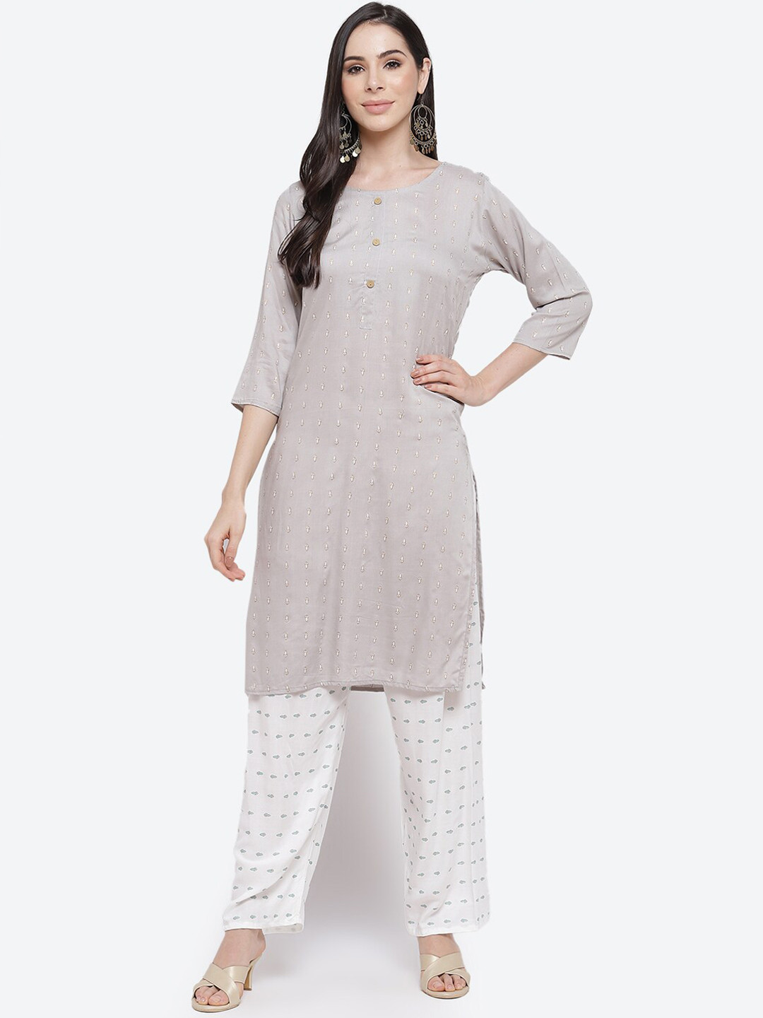 Kurti's by Menka Women Grey & White Floral Printed Viscose Rayon Kurta With Palazzos