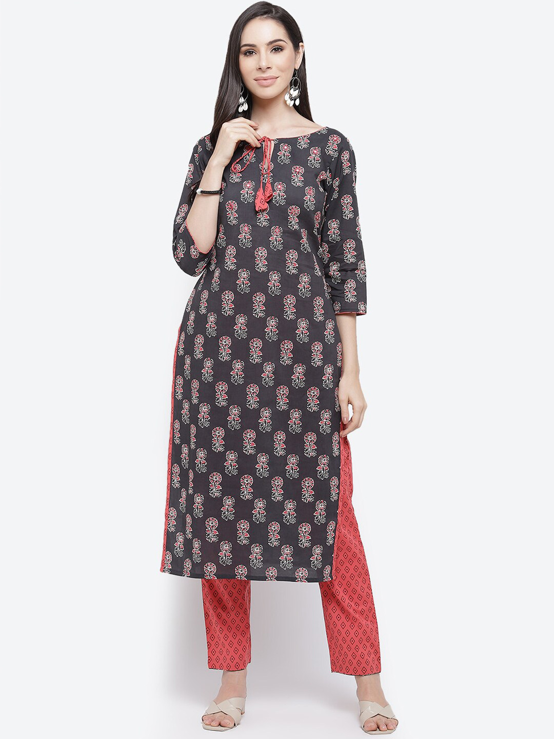Kurti's by Menka Women Grey & Red Ethnic Motifs Printed Kurti with Trousers