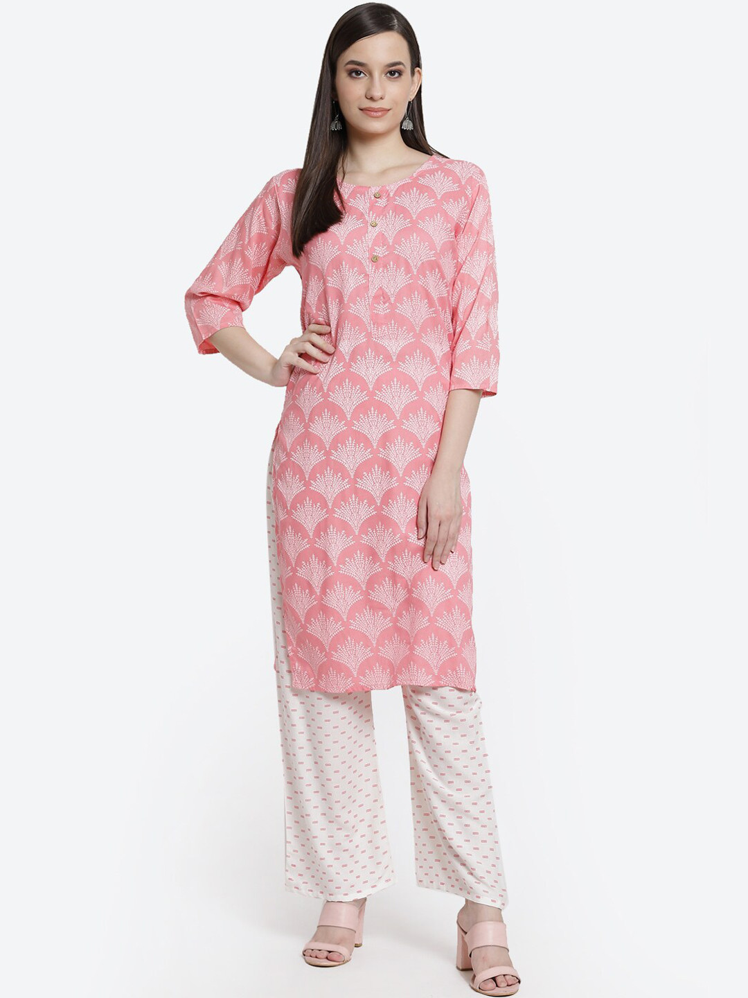 Kurti's by Menka Women Pink & Off White Ethnic Motifs Printed Kurti with Trousers
