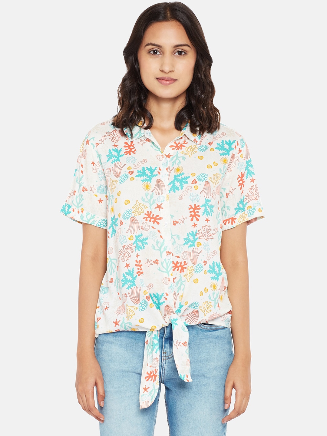 People Women White Floral Printed Casual Shirt