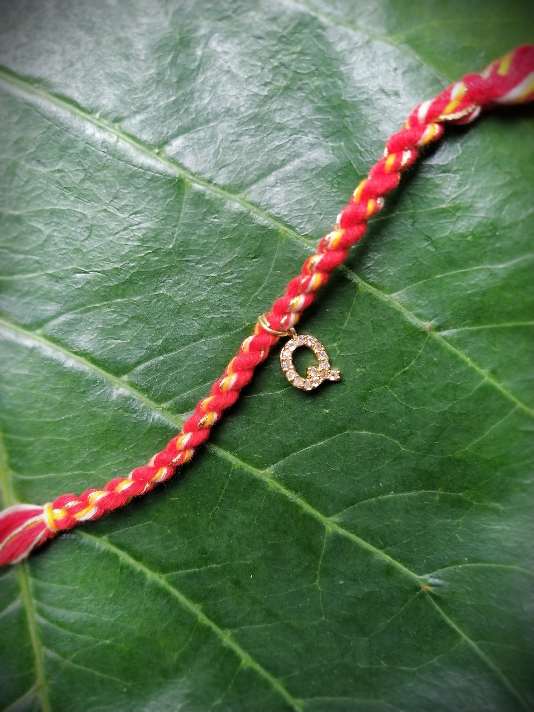 Digital Dress Room Men Gold-Plated Red & Yellow AD-Studded Q Alphabet Customized Thread Rakhi