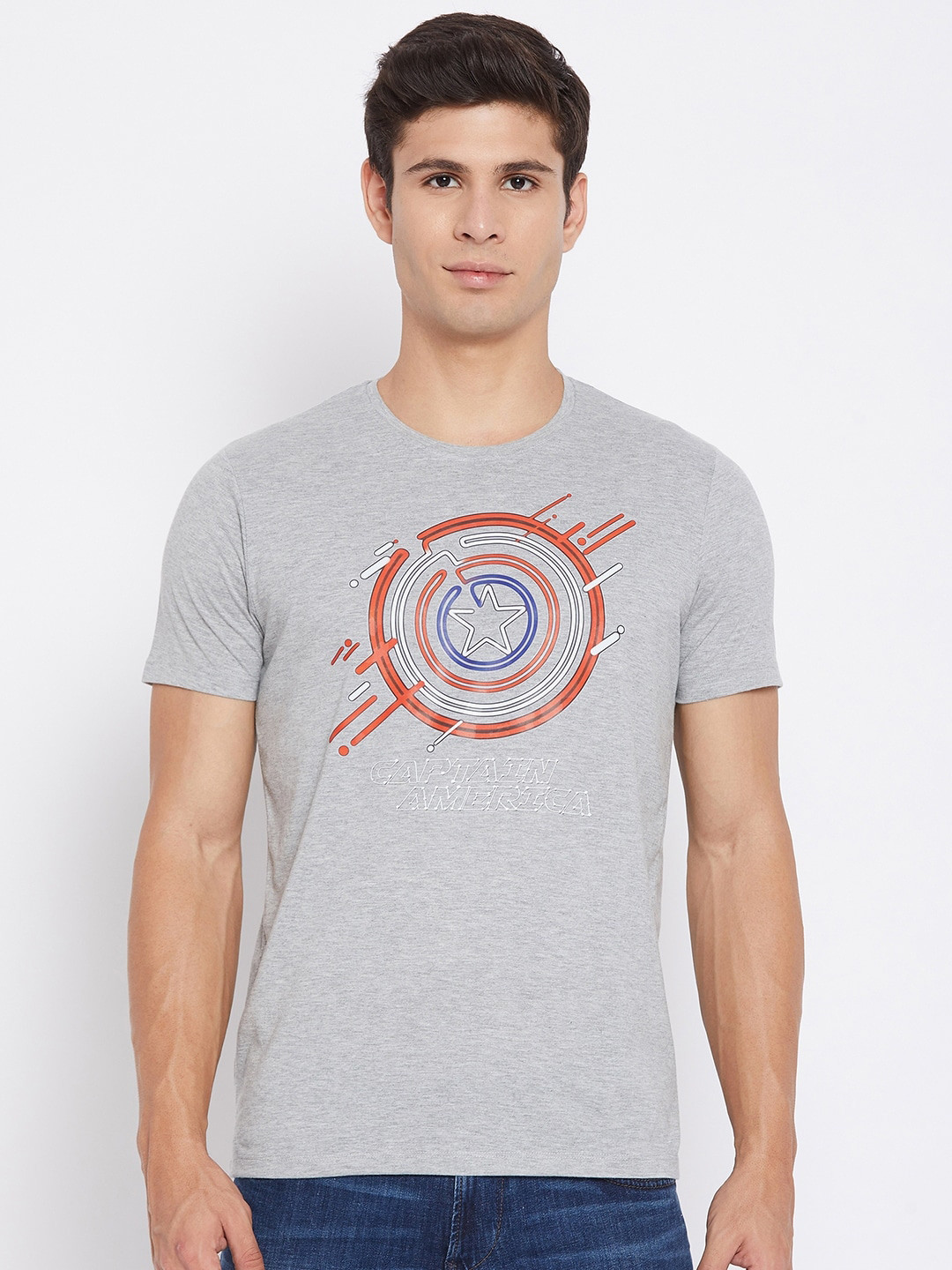 Marvel by Wear Your Mind Men Grey  Orange Captain America Logo Printed Cotton Pure Cotton T-shirt