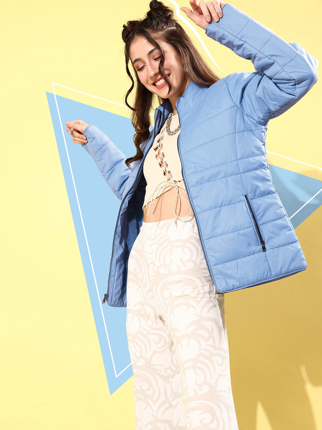 HERE&NOW Women Blue Solid Quilt In Comfort Jacket