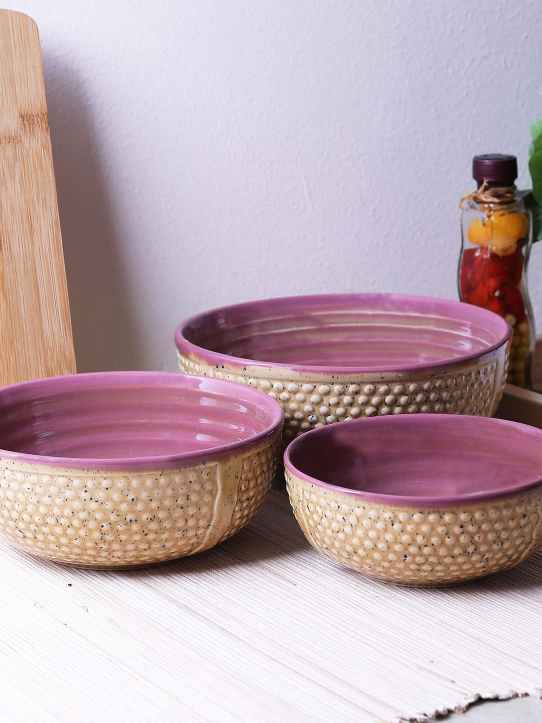 MIAH Decor Camel Brown & Burgundy 3 Pieces Textured Stoneware Glossy Bowls