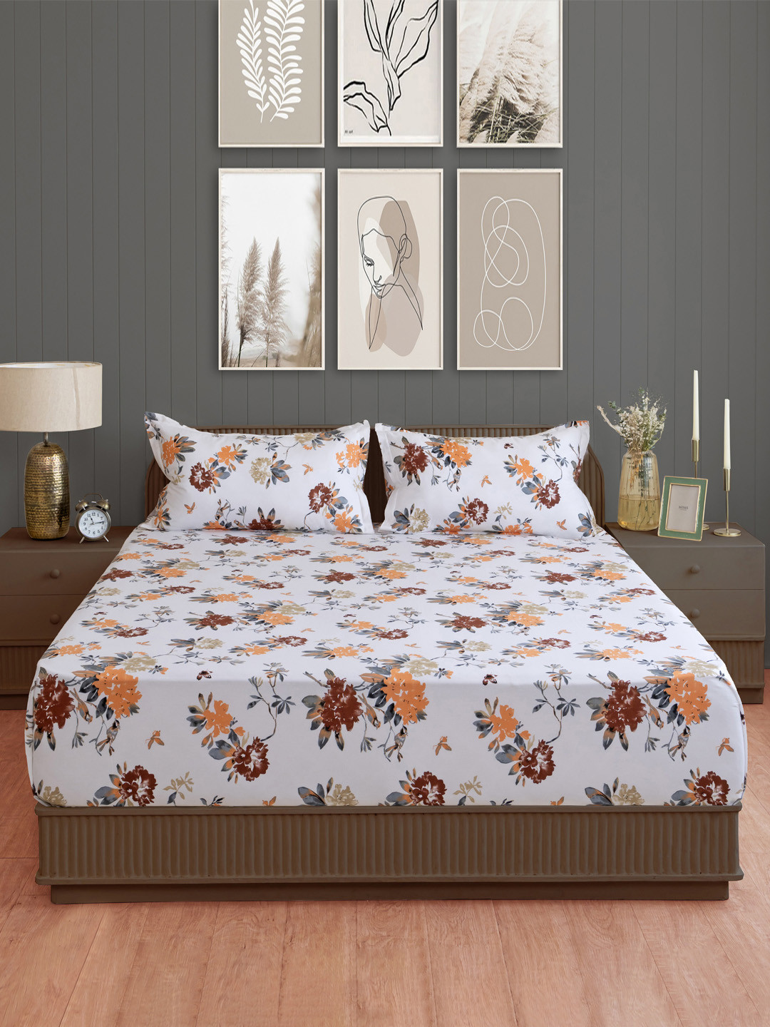 SWAYAM Ananda White Floral Cotton 210 TC Fitted King Fine Bedsheet with 2 Pillow Covers-108 x 90 inches