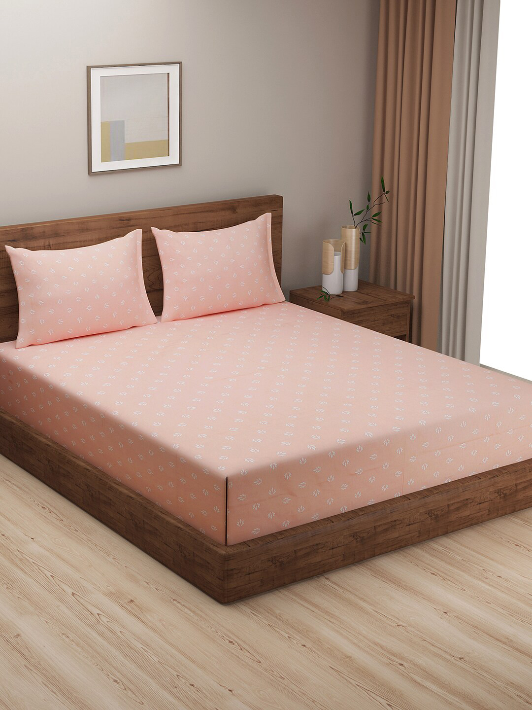 SWAYAM Zinnia Peach Leaf Cotton 250 TC King Fine Bedsheet with 2 Pillow Covers-108 x 90 inches