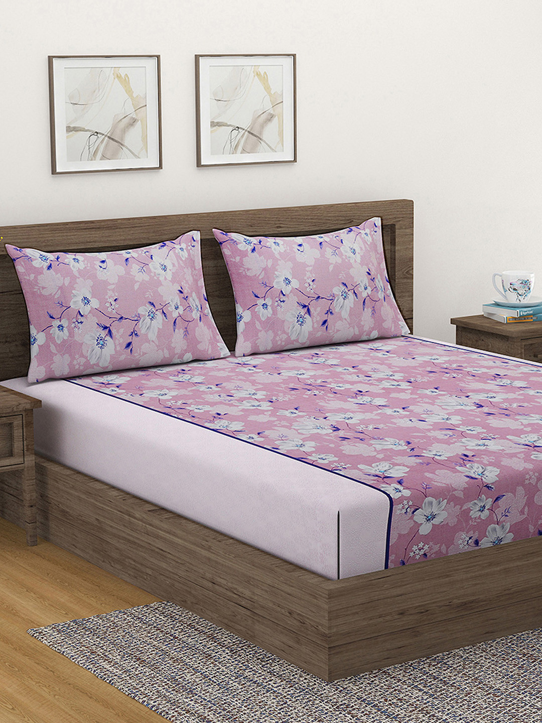 SWAYAM Sparkle Pink Floral Cotton 144 TC King Bedsheet with 2 Pillow Covers-106 x 106 inches