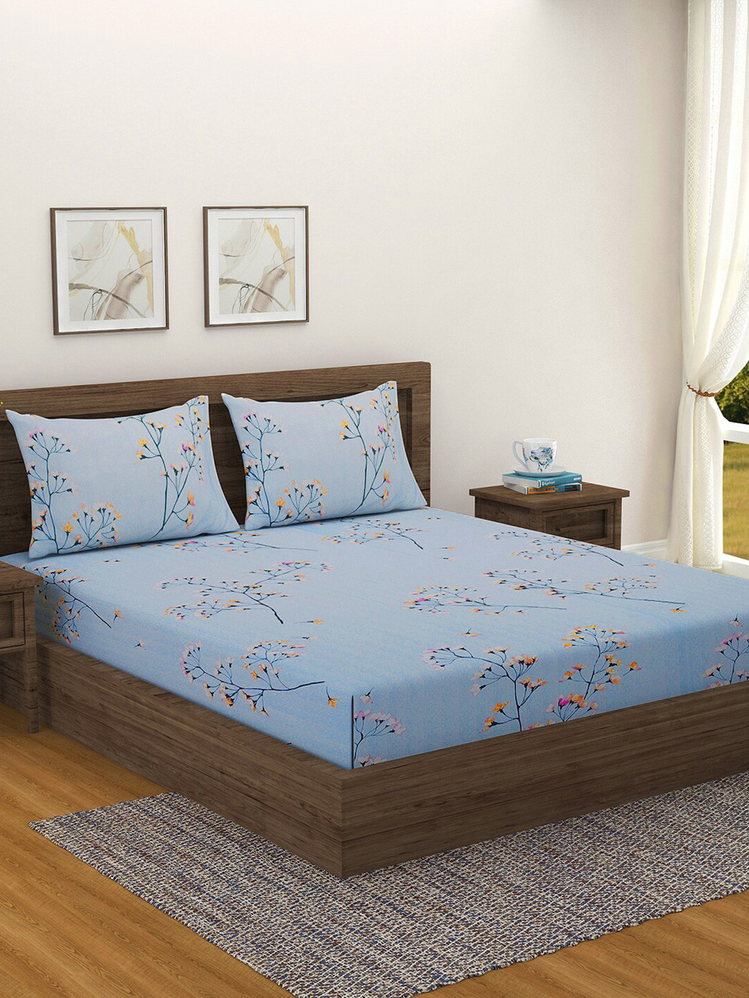 SWAYAM Ananda Blue Floral Cotton 200 TC Fitted King Fine Bedsheet with 2 Pillow Covers-75 x 71 inches
