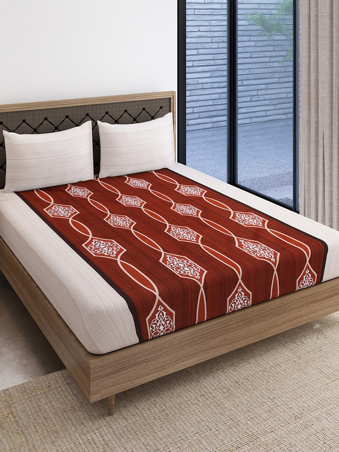 SWAYAM Zinnia Brown Ethnic Motifs Cotton 240 TC King Fine Bedsheet with 2 Pillow Covers-108 x 90 inches