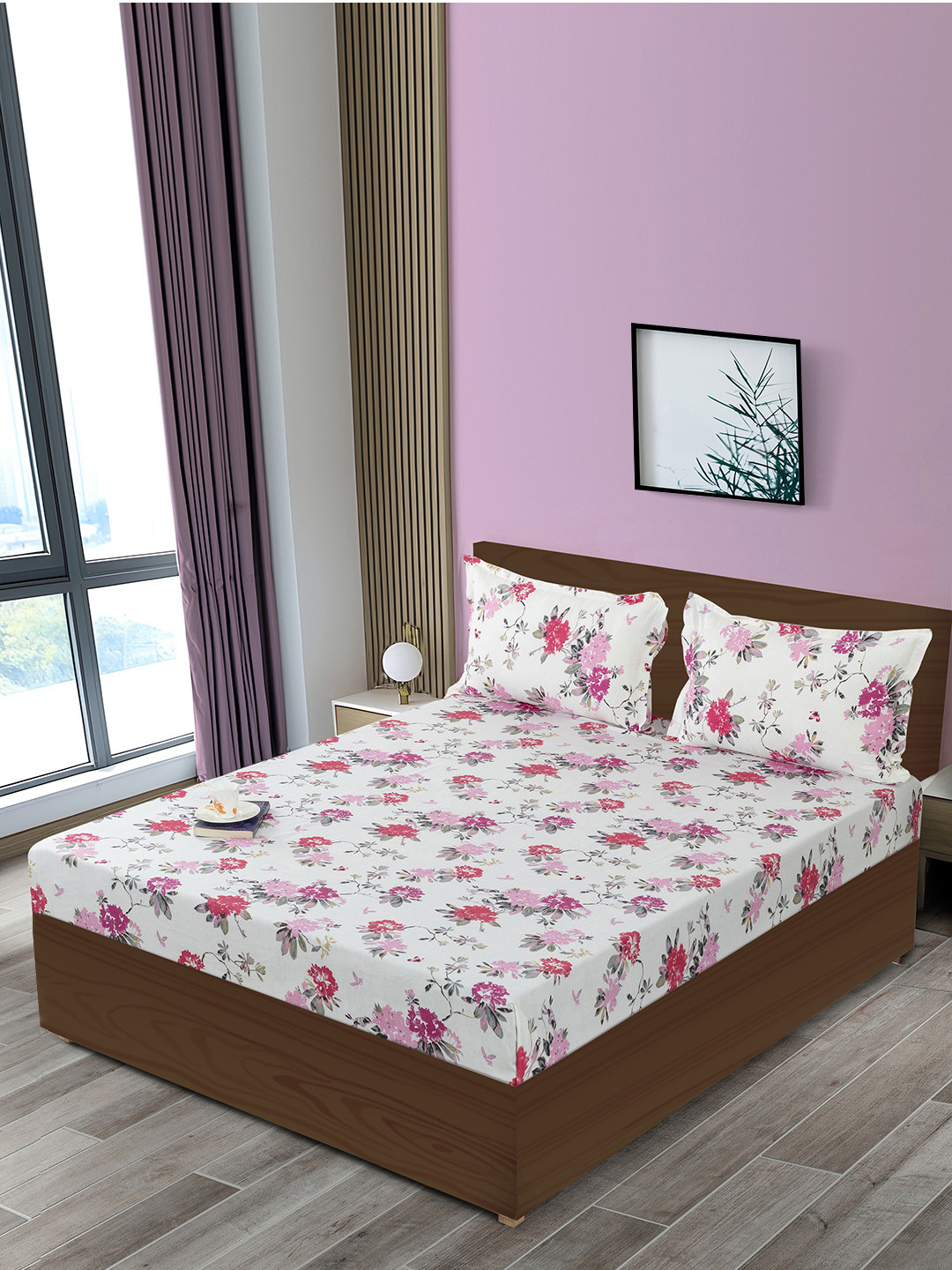 SWAYAM Ananda White Floral Pure Cotton 200 TC Fitted King Fine Bedsheet with 2 Pillow Covers-75 x 71 inches