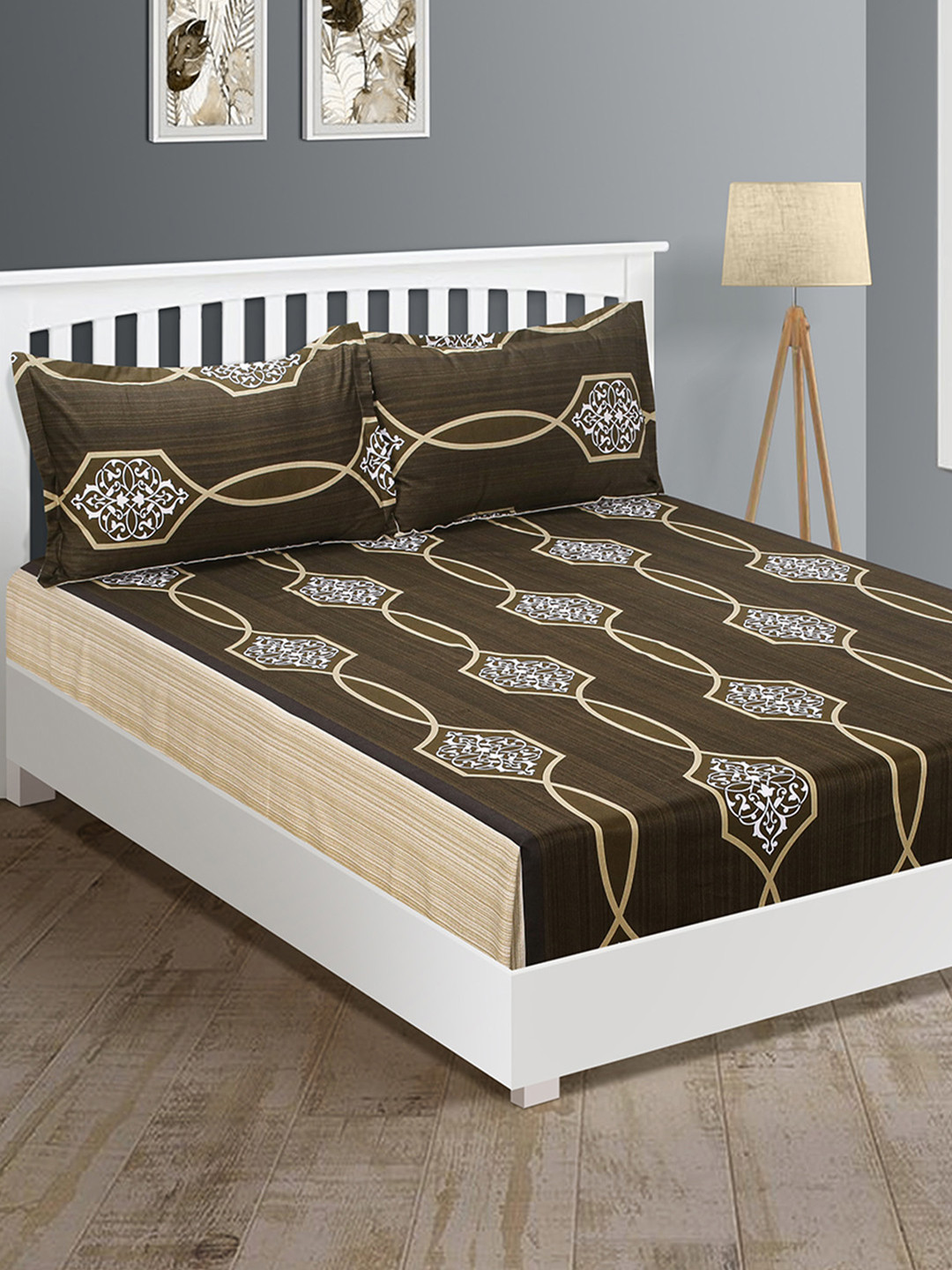 SWAYAM Zinnia Brown Ethnic Motifs Pure Cotton 250 TC King Fine Bedsheet with 2 Pillow Covers-108 x 90 inches