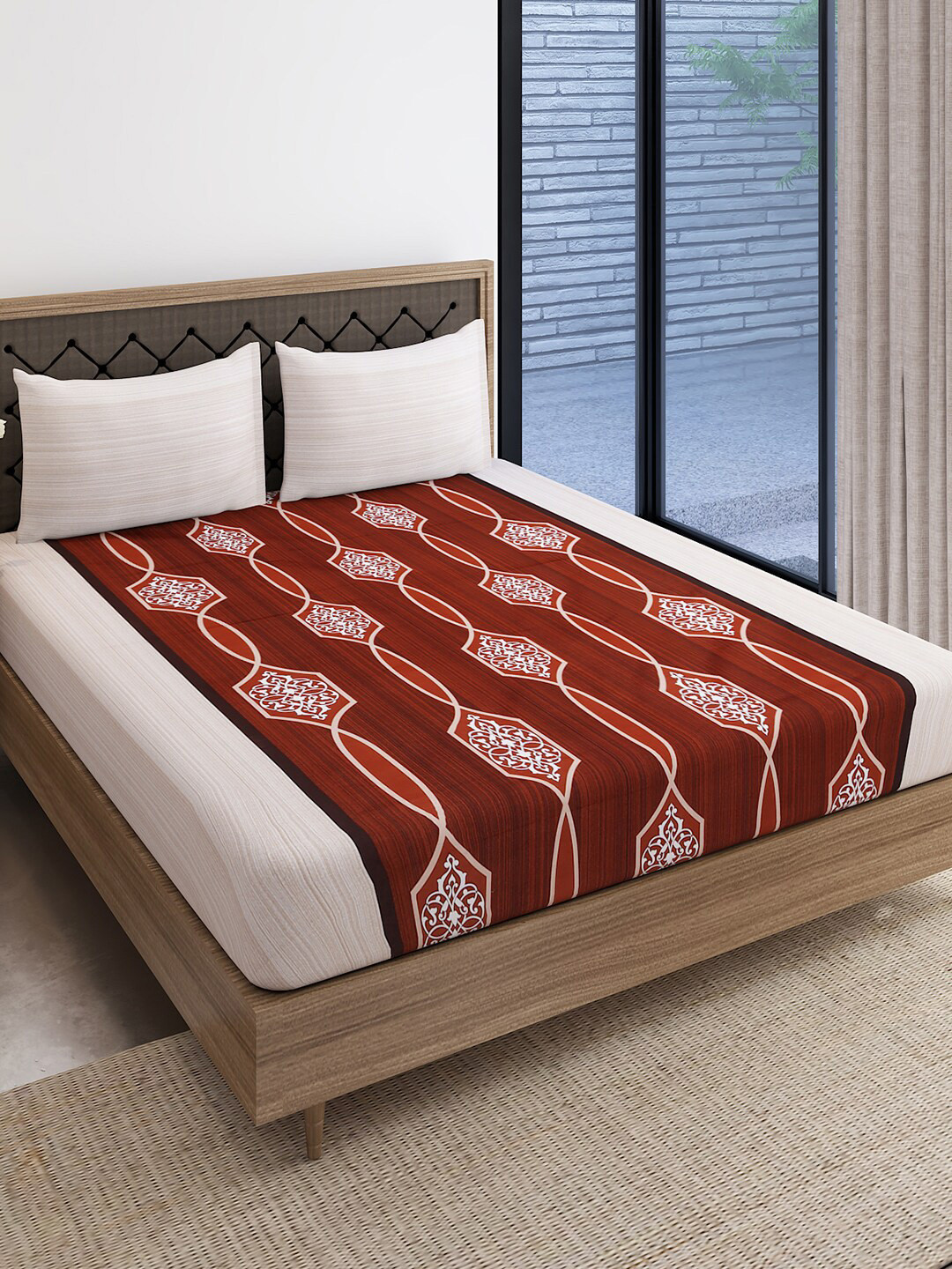 SWAYAM Zinnia Red Floral Pure Cotton 240 TC Fitted King Fine Bedsheet with 2 Pillow Covers-89 x 106 inches