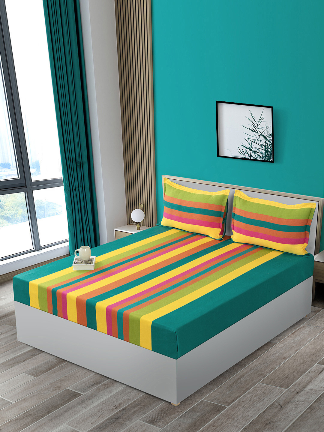 SWAYAM Magical Linea Green Striped Pure Cotton 240 TC Fitted King Fine Bedsheet with 2 Pillow Covers-108 x 109 inches