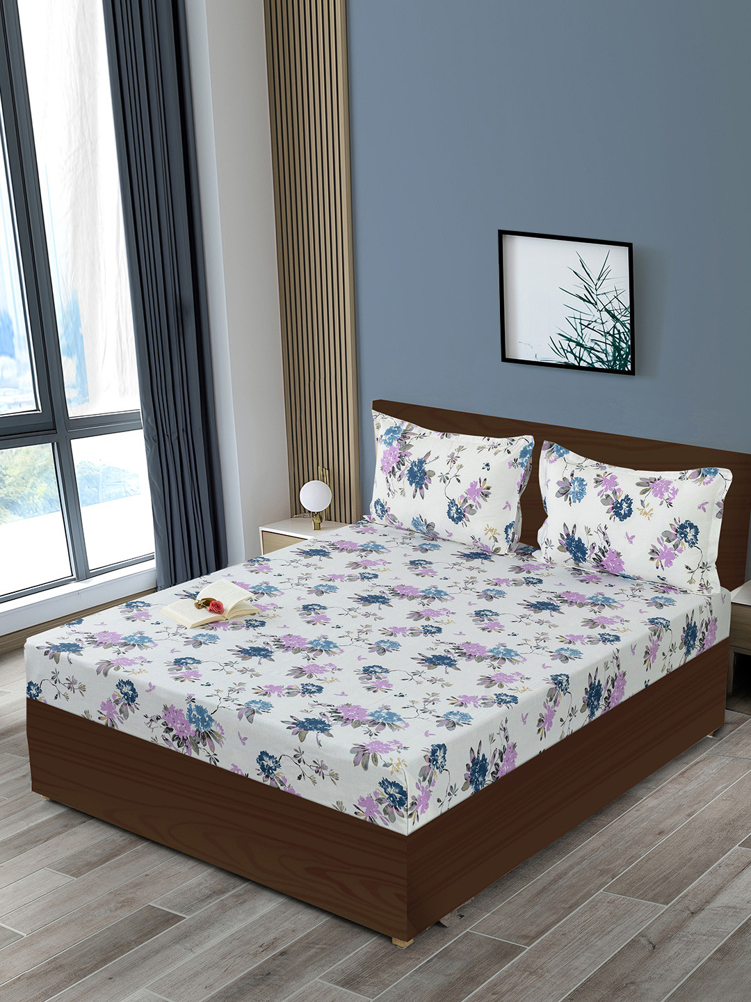 SWAYAM White Floral Cotton 200 TC King Fine Bedsheet with 2 Pillow Covers-75 x 72 inches