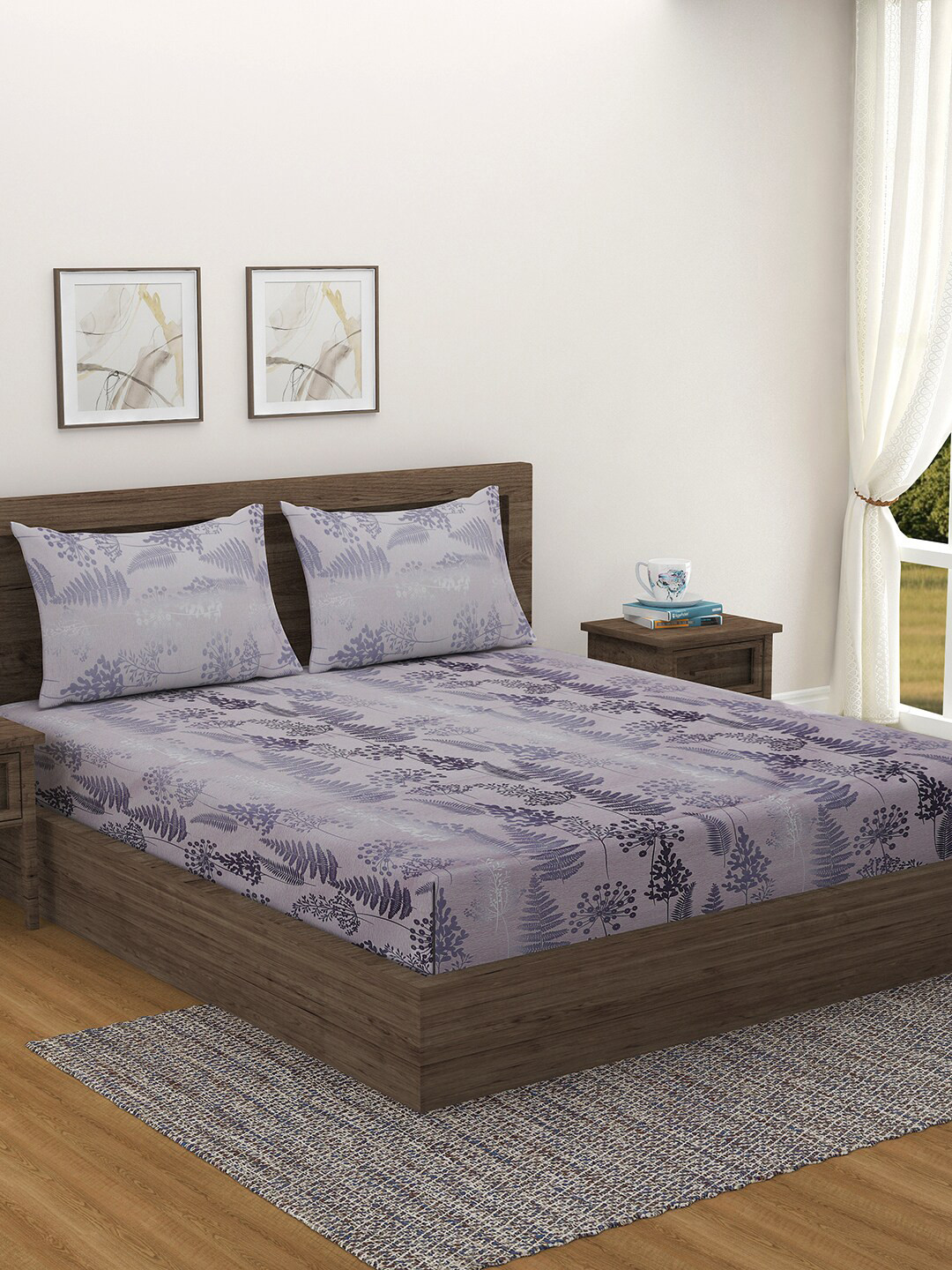 SWAYAM Zinnia Grey Floral Cotton 240 TC Fitted King Fine Bedsheet with 2 Pillow Covers-190 x 180 x 30 cm