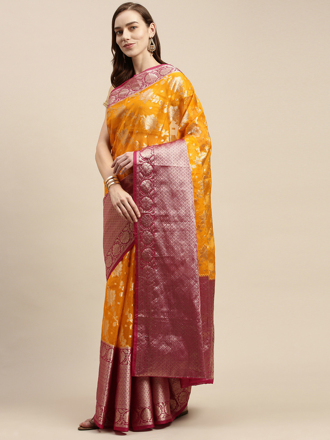 swatika Yellow & Pink Ethnic Motifs Zari Organza Handloom Banarasi Saree