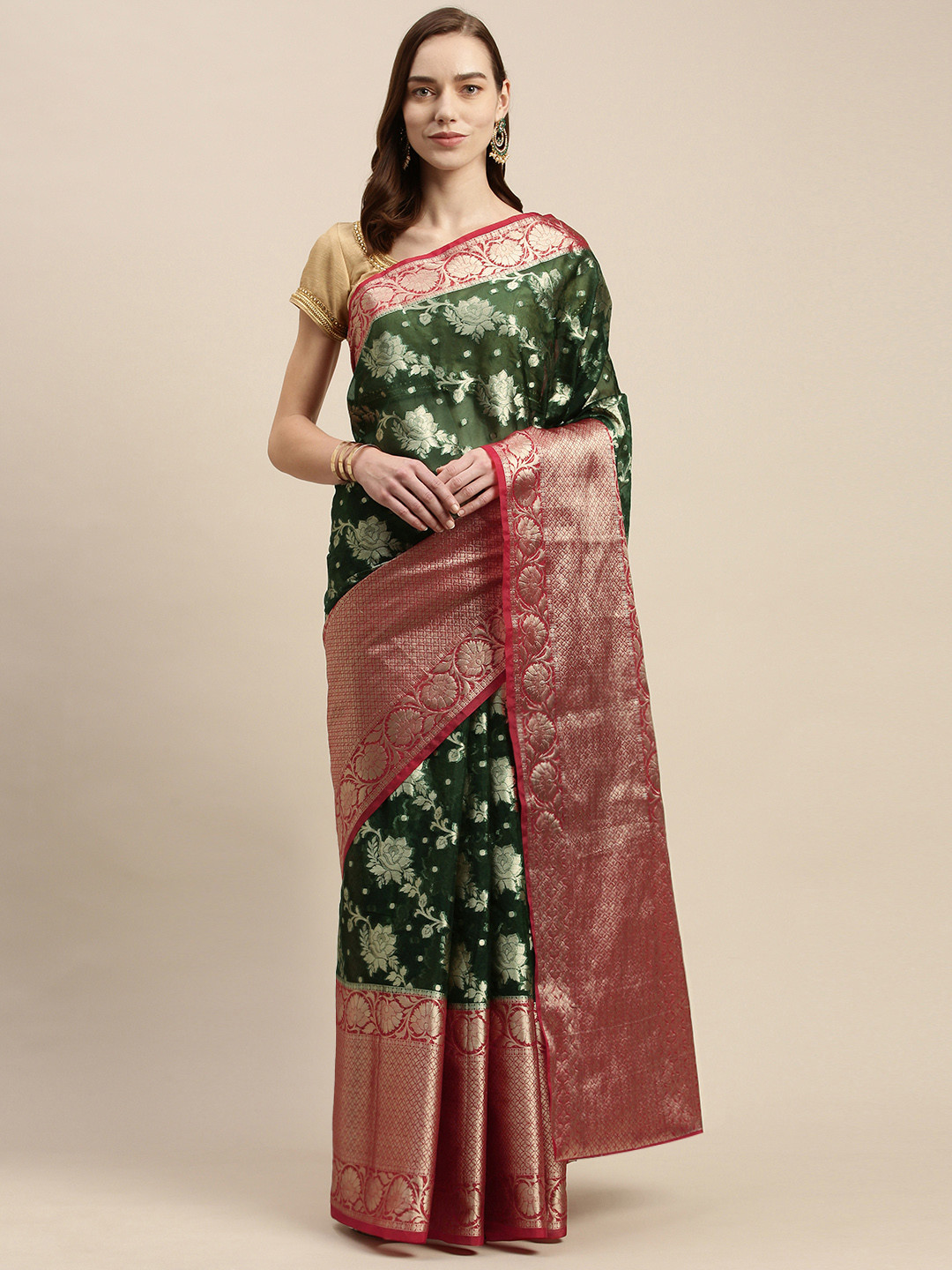 swatika Green & Gold Ethnic Motifs Zari Handloom Organza Banarasi Saree