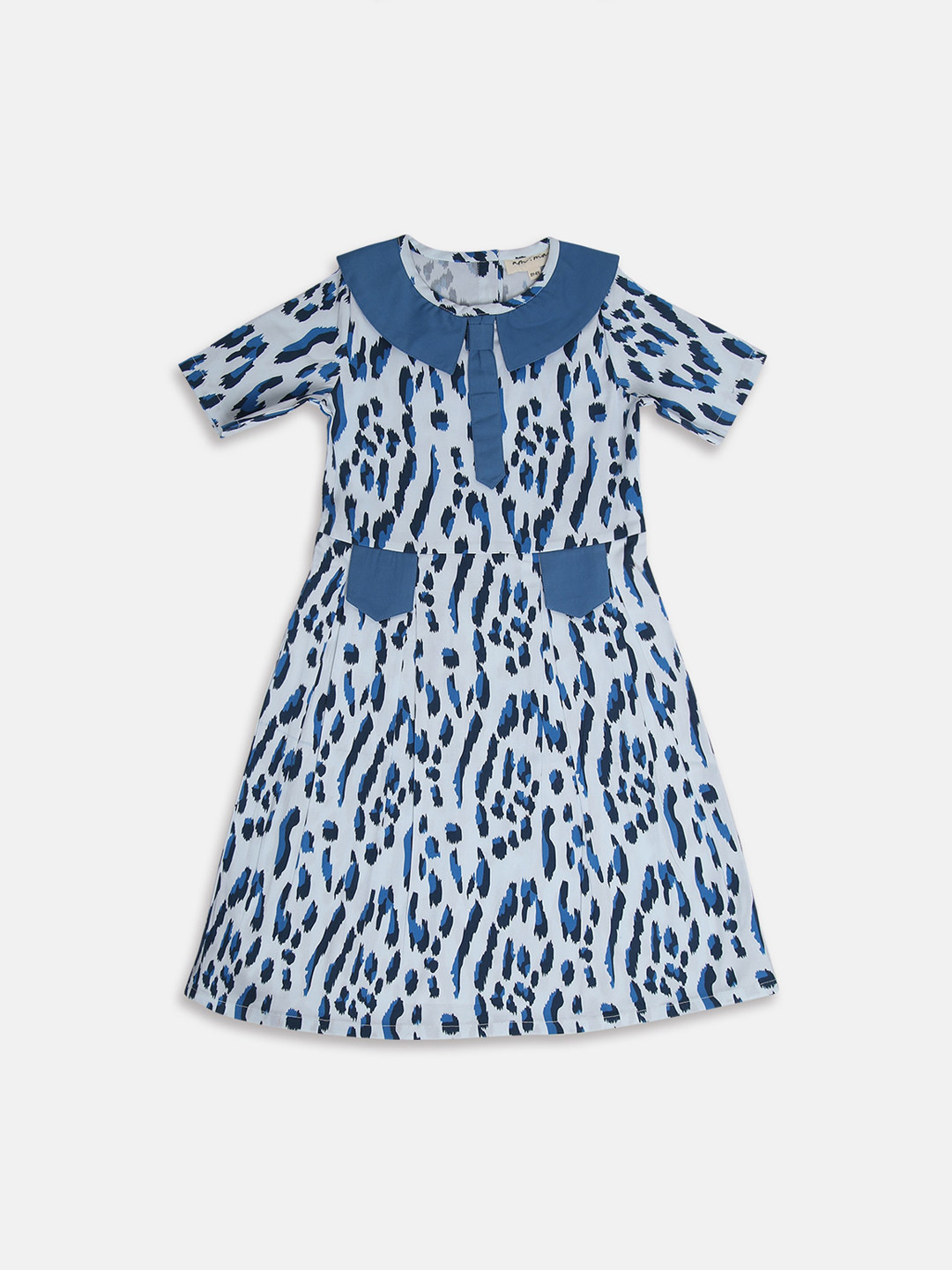 am ma Blue Printed Peter Pan Collar Satin Dress
