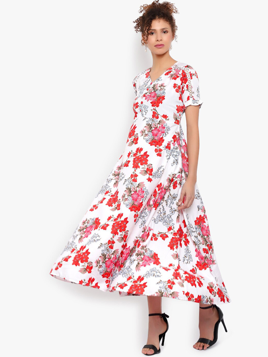 Indietoga Women White and Red Floral Crepe Maxi Dress