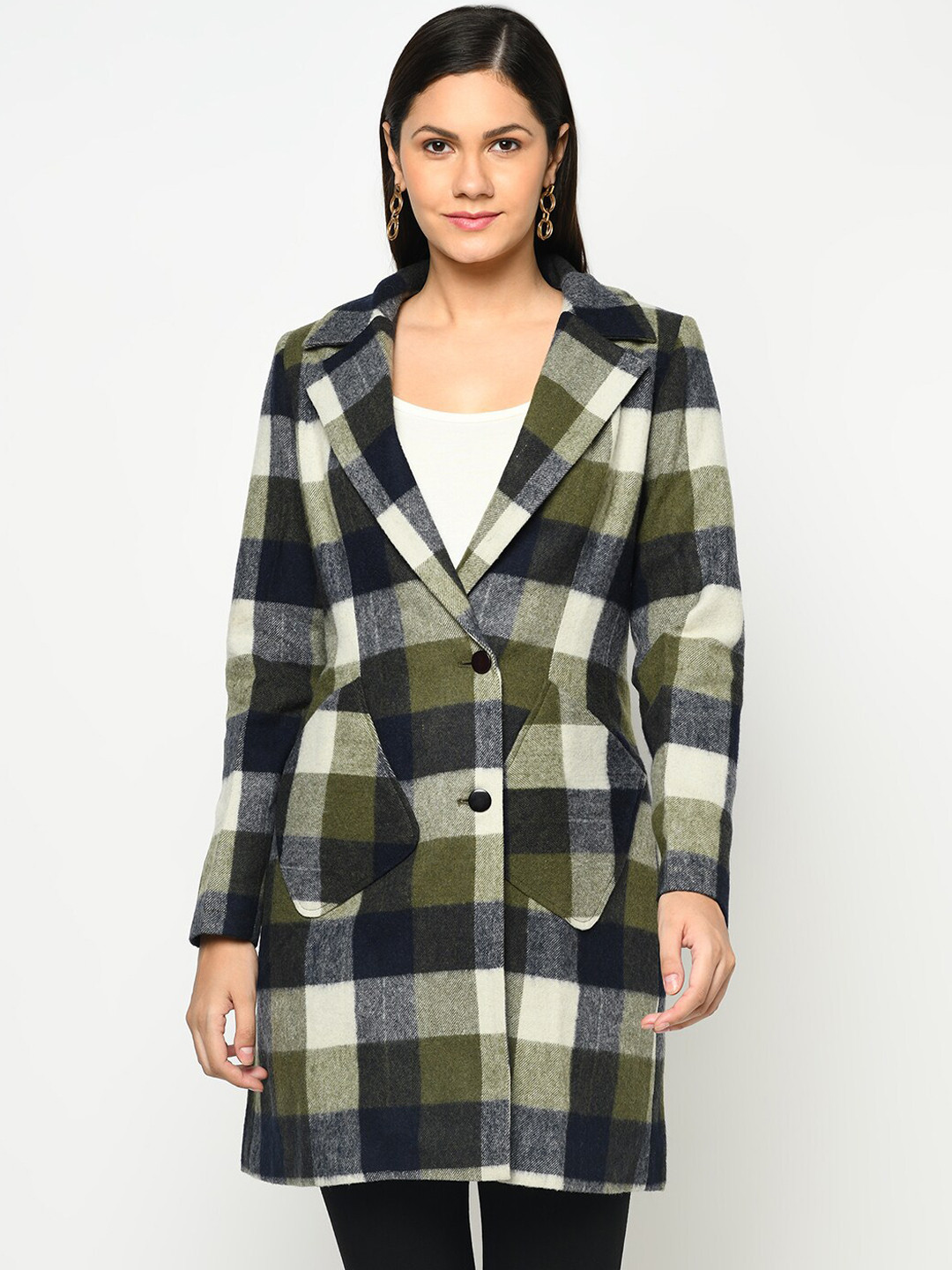 Owncraft Women Olive Green & Navy Blue Checked Woolen Overcoat