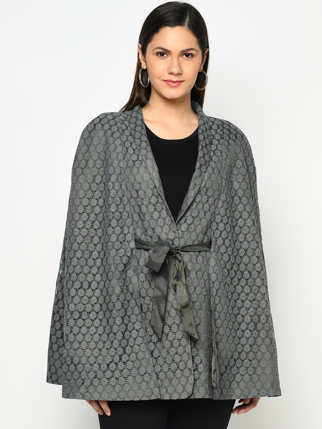Owncraft Women Grey Self-Design Net Cape Overcoat