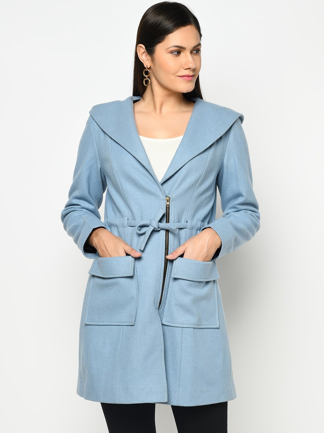 Owncraft Women Blue Solid Woolen Overcoat