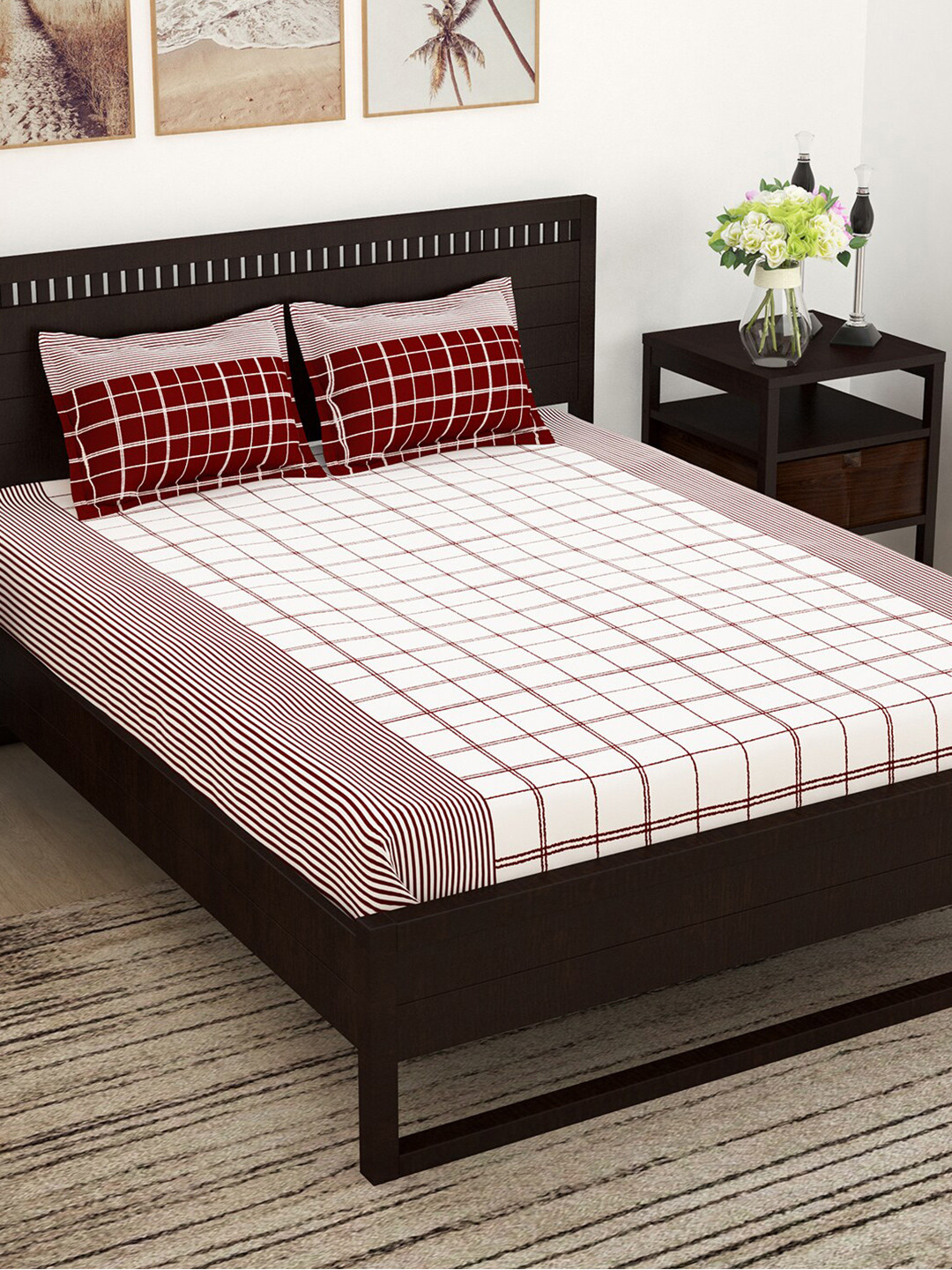 Story@home Majestic Xl White Checked Pure Cotton 152 TC King Bedsheet with 2 Pillow Covers-106 x 106 inches