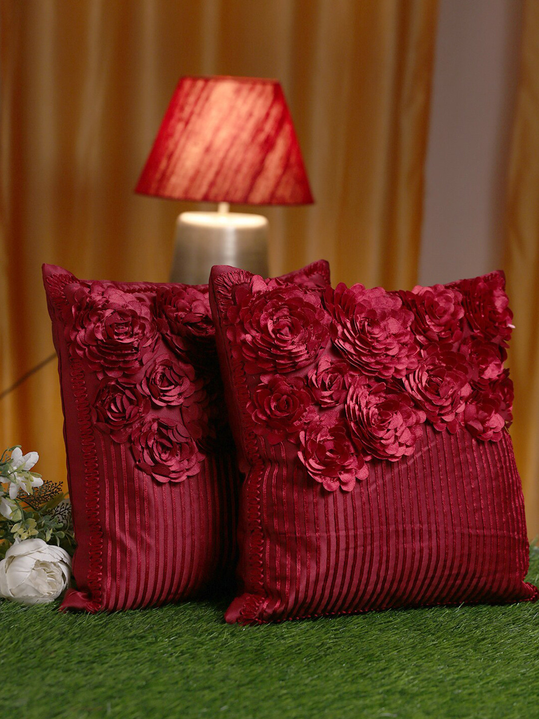 HOSTA HOMES Quick-Dry Floral Polyester Anti-Wrinkle 2 Pcs Textured Cushion Covers -16x16In