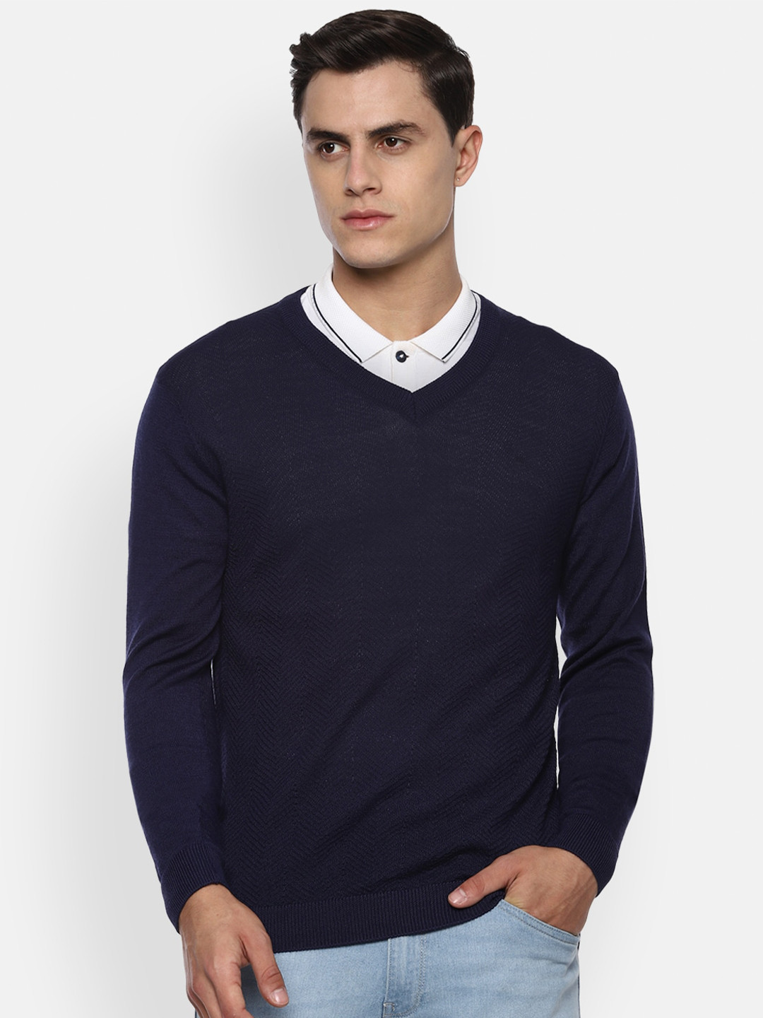 Louis Philippe Men Navy Blue Solid Pullover