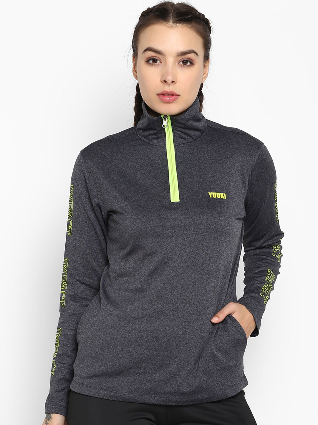 Yuuki Women Grey Melange Fluorescent Green Typography Printed Lightweight Sporty Jacket