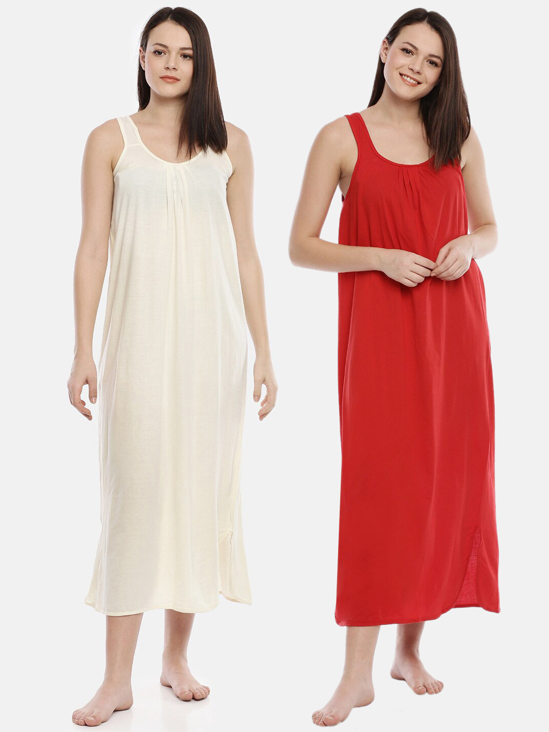 GOLDSTROMS Pack of 2 Cream & Red Sleeveless Cotton Nightdress