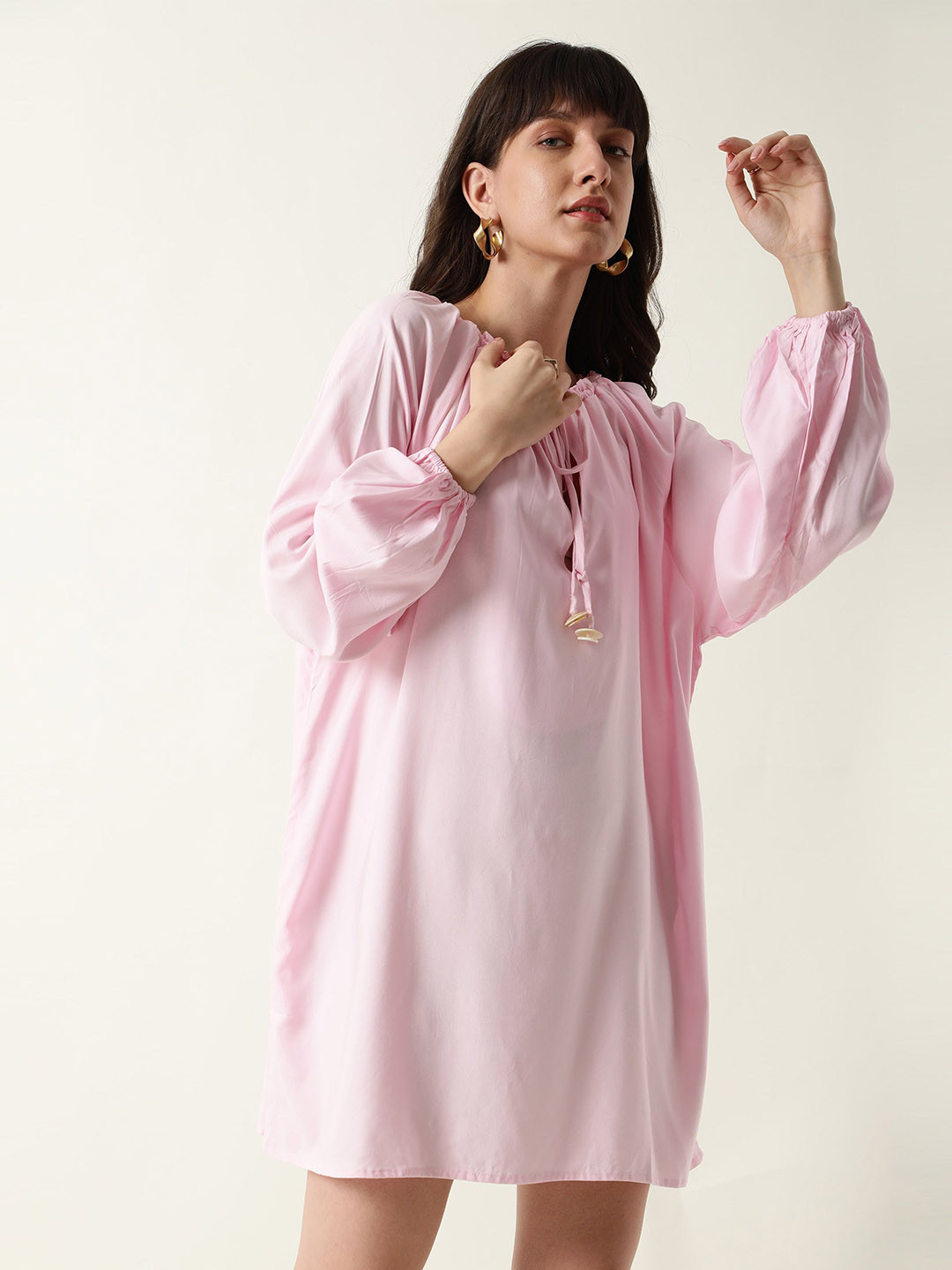 RAREISM Women Pink Tie-Up Neck A-Line Dress