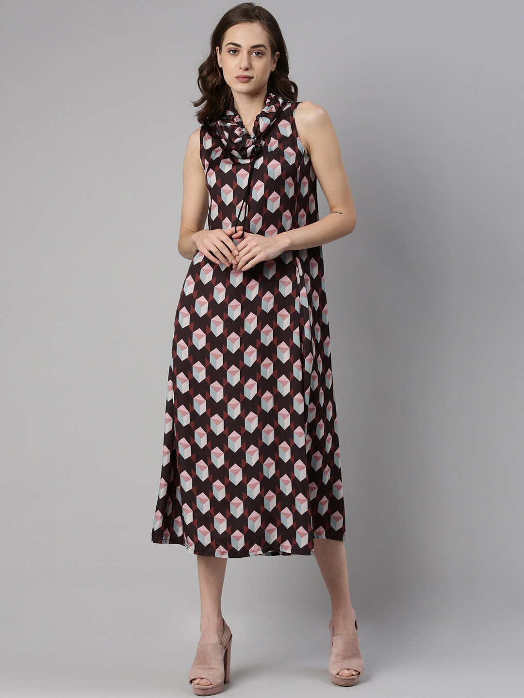 RAREISM Women Coffee Brown & Black Cowl Neck A-Line Midi Dress