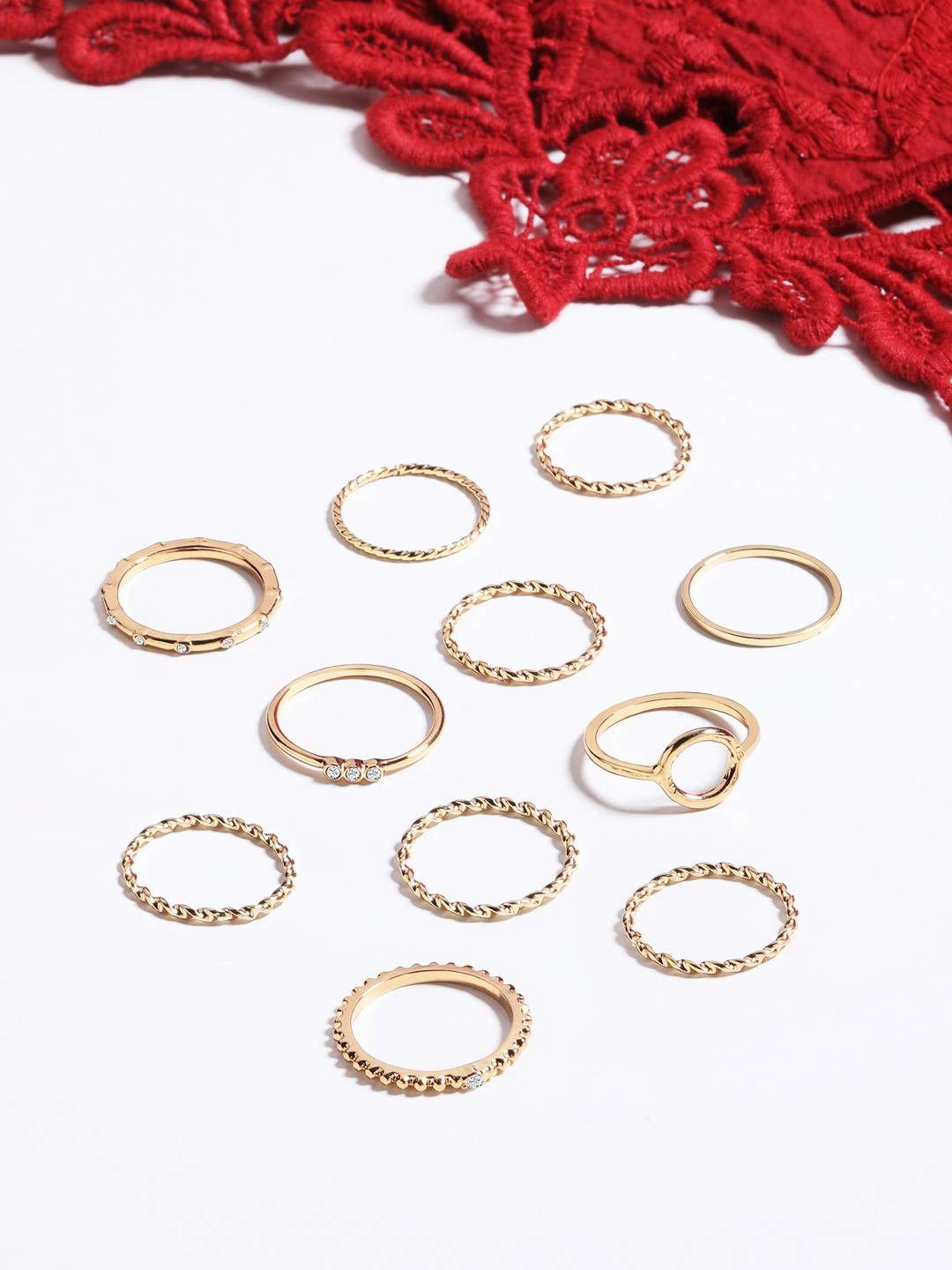 AMI Women Set Of 11 Gold-Plated White Stone-Studded Stackable Finger Rings