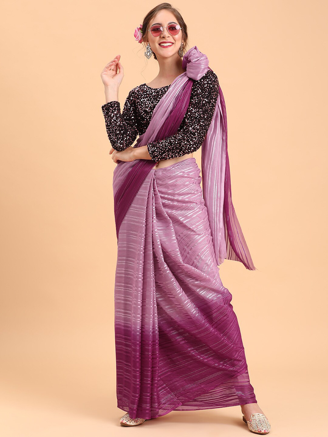 Sangria Burgundy & Purple Striped Silk Blend Saree