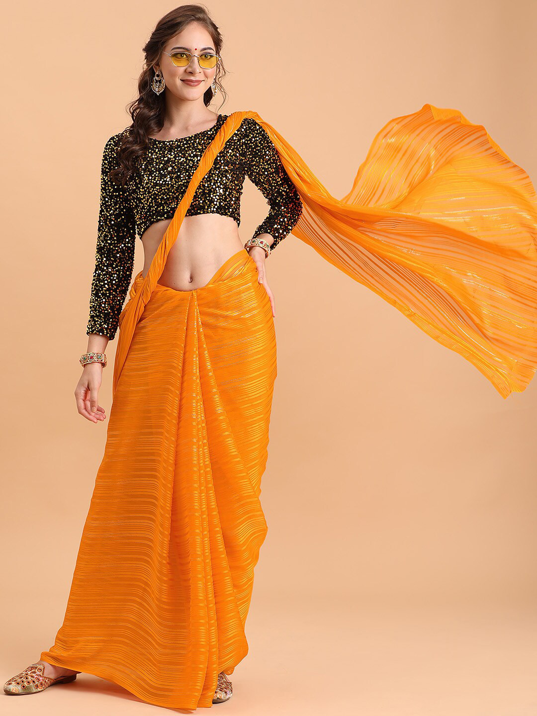 Sangria Mustard Striped Sequinned Silk Blend Saree