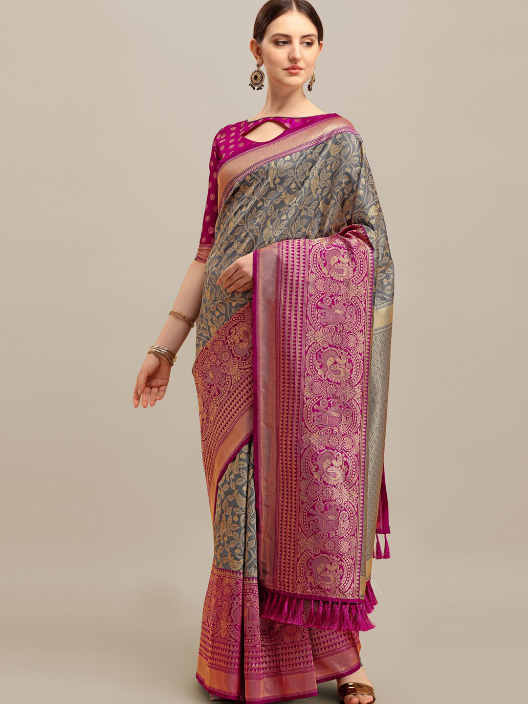 RAJGRANTH Grey & Magenta Woven Design Zari Silk Blend Banarasi Saree