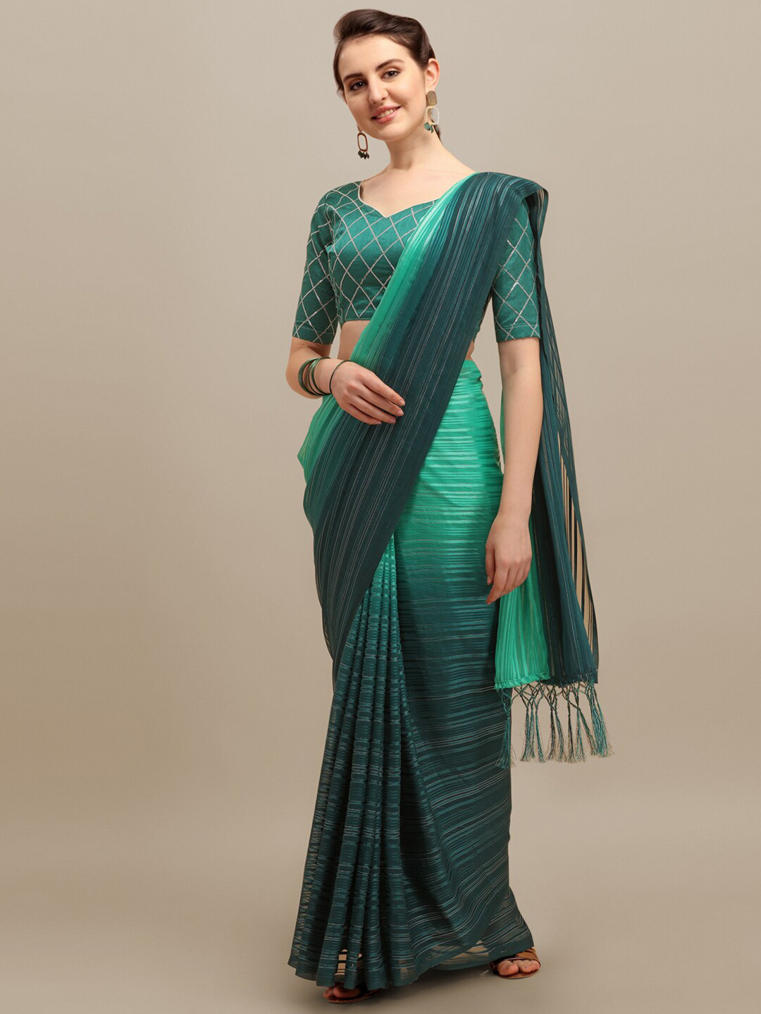 RAJGRANTH Green Striped Sequinned Silk Blend Banarasi Saree