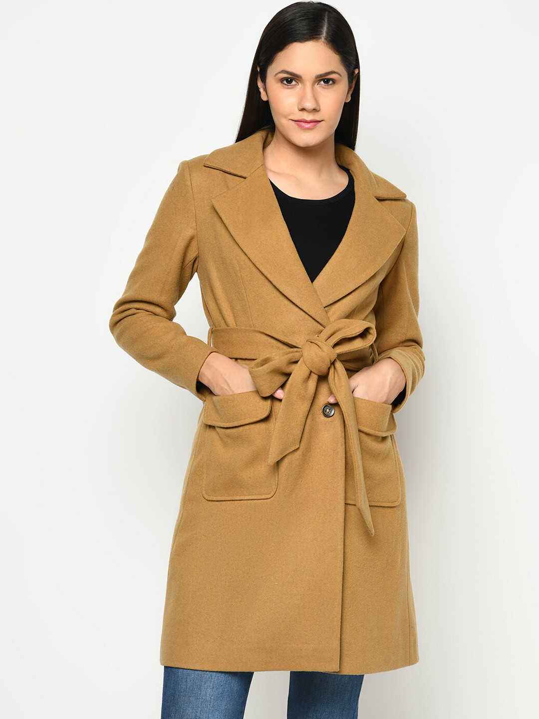 Owncraft Women Camel-Brown Brown Solid Single -Breasted Woolen Overcoat