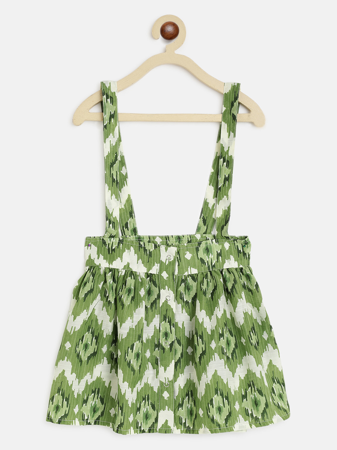 am ma Girls Green & White Printed A-Line Knee-Length Pinafore Skirt