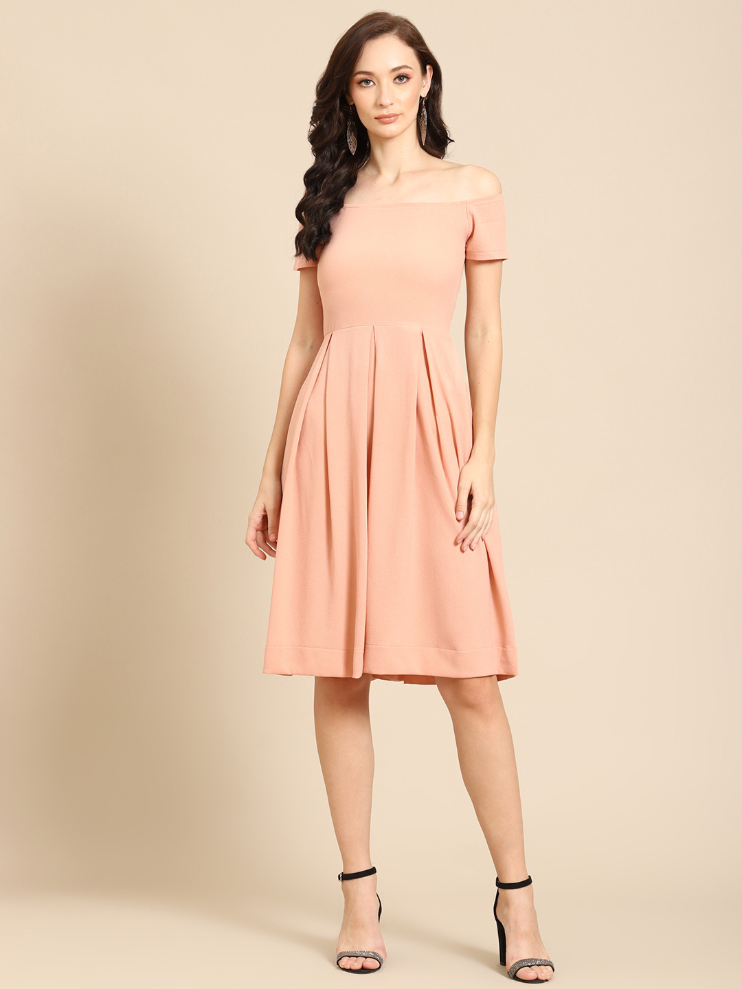 DODO & MOA Peach-Coloured Off-Shoulder A-Line Dress