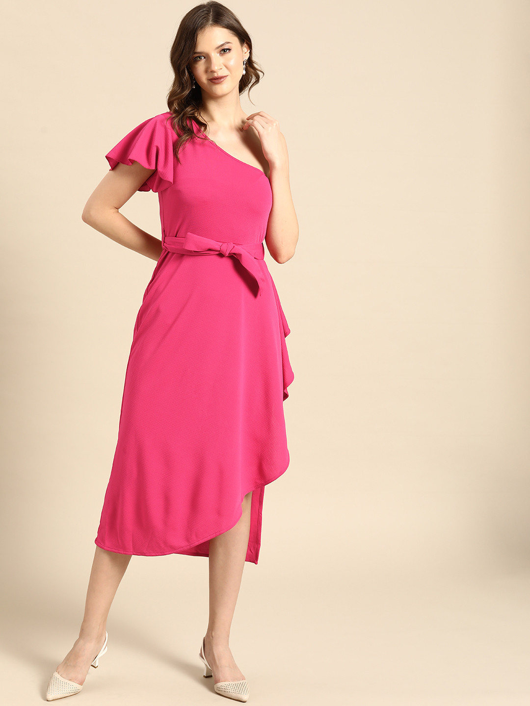 DODO & MOA Women Pink Solid One Shoulder Midi Fit and Flare Dress with Belt